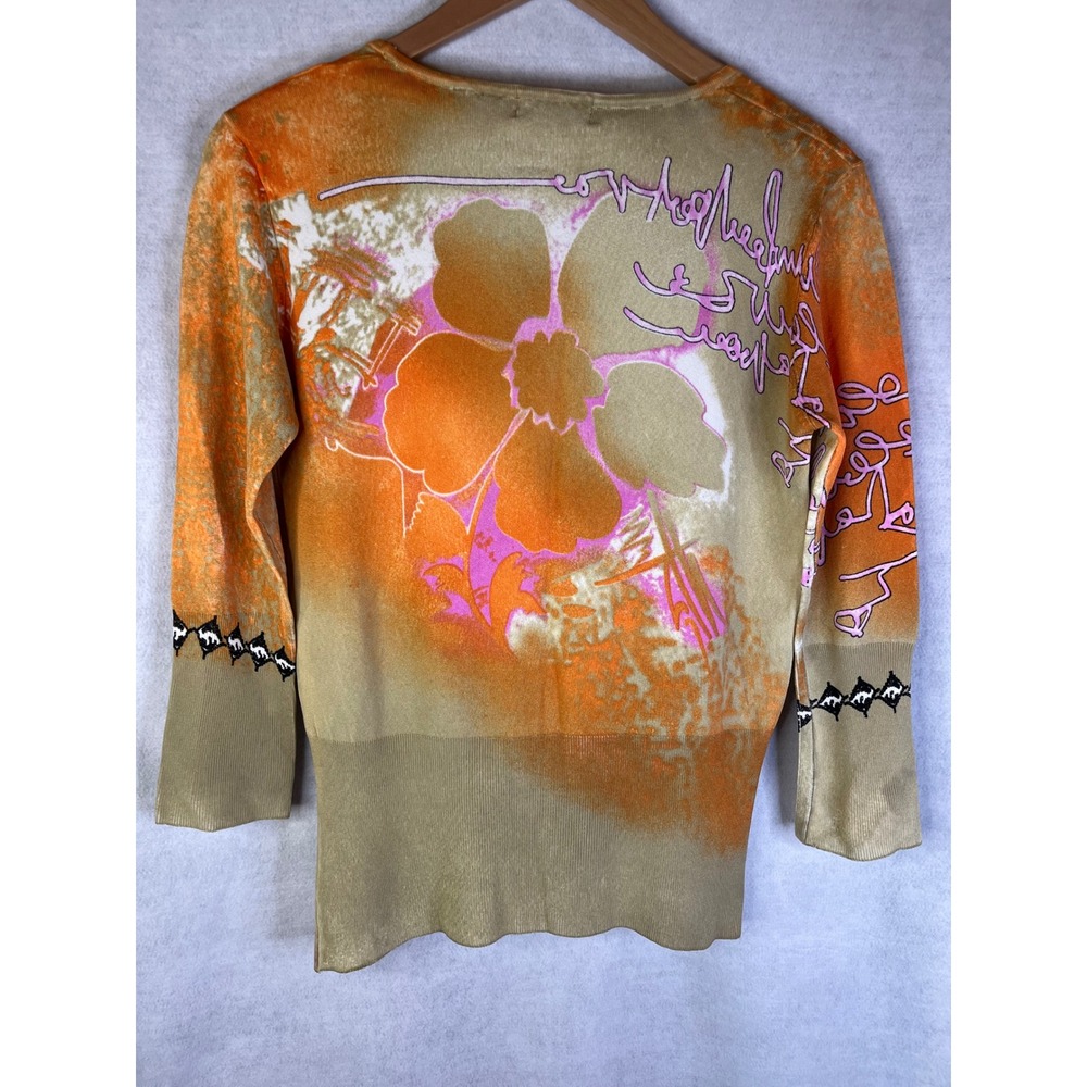 Tessori Y2K 2000s print top‎ 3/4 sleeve flower sparkly stretch Small artsy - Picture 4 of 4